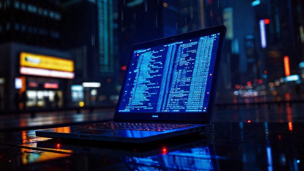 Laptop cyberpunk futurista