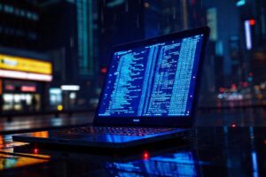 Laptop cyberpunk futurista