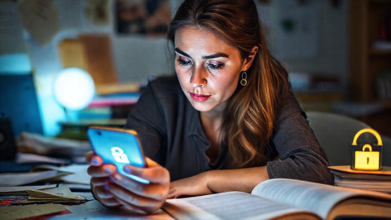 Mujer contempla seguridad digital en azul