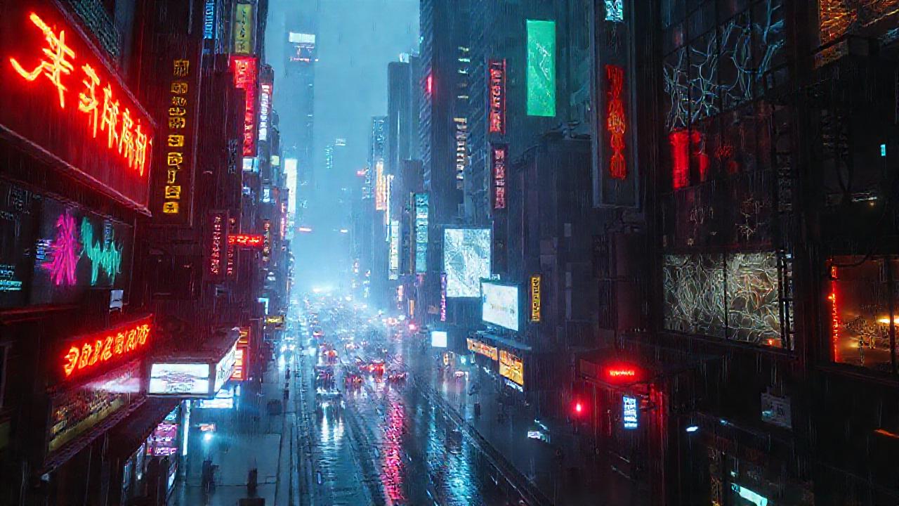 Ciudad cyberpunk: neón, lluvia, y futuro