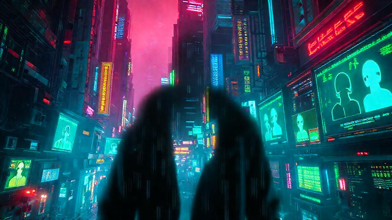 Ciudad cyberpunk, datos y sombras digitales