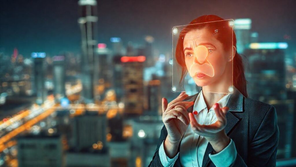 Una mujer frustrada enfrenta un futuro tecnológico