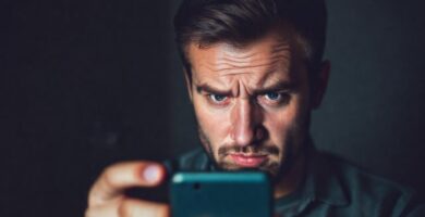 Hombre confundido busca ayuda digitalmente