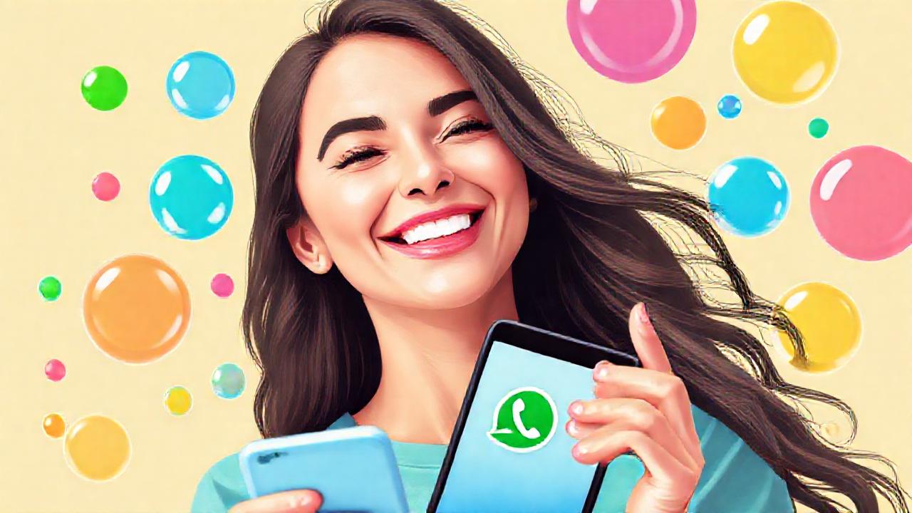 Mujer sonríe, notifica WhatsApp digitalmente