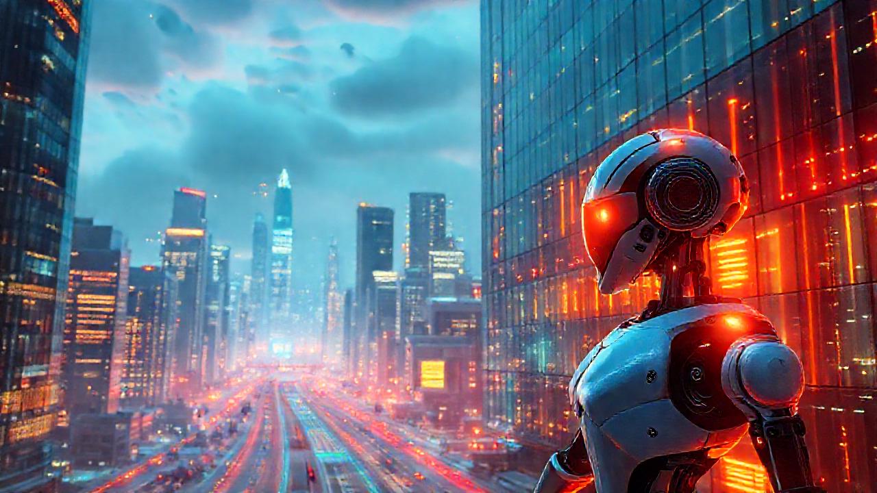 Ciudad futurista con robots y pantallas