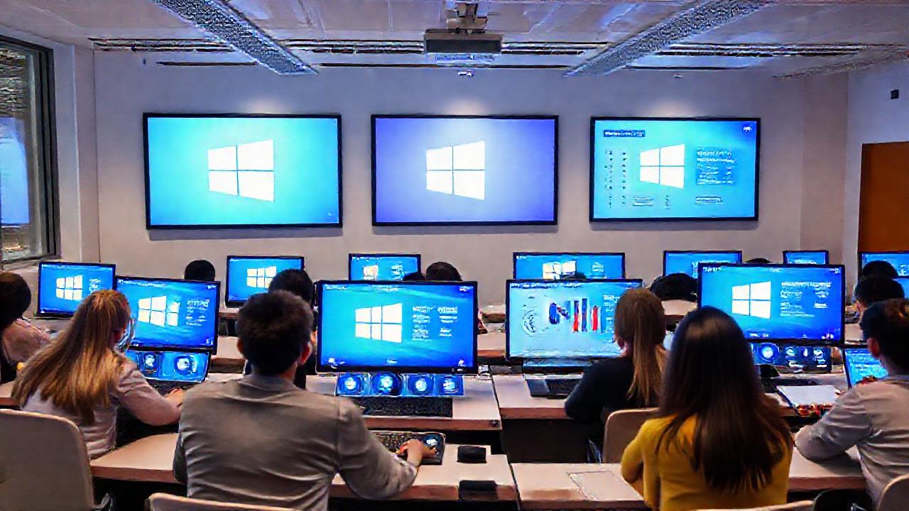 Aula moderna, tecnología y estudiantes diversos