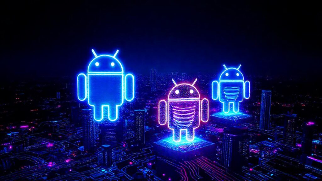 Logos digitales brillan en ciudad futurista