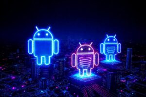 Logos digitales brillan en ciudad futurista