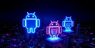 Logos digitales brillan en ciudad futurista