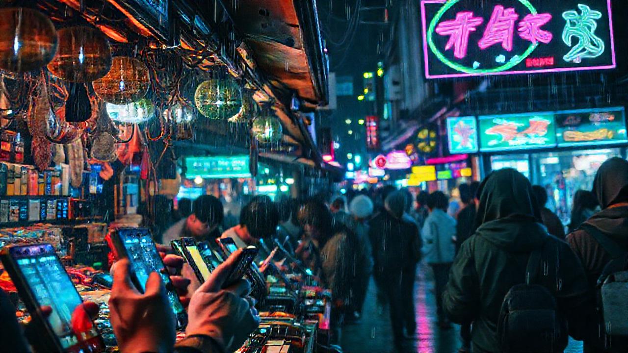 Mercado cyberpunk vibrante y caótico