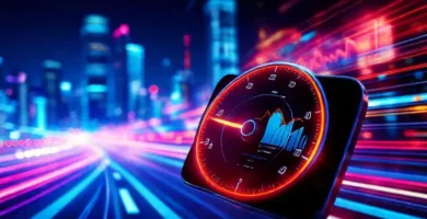 Datos digitales brillan en una ciudad futurista