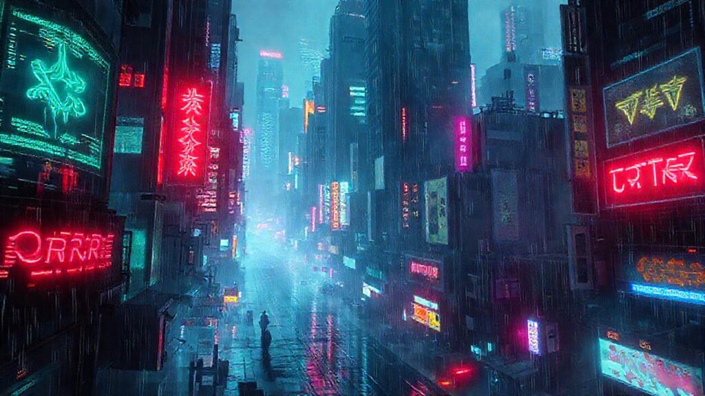Ciudad cyberpunk digital y oscura