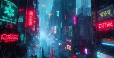 Ciudad cyberpunk digital y oscura