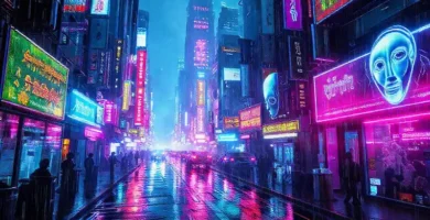 Ciudad cyberpunk futurista y digitalmente brillante