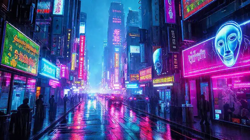Ciudad cyberpunk futurista y digitalmente brillante