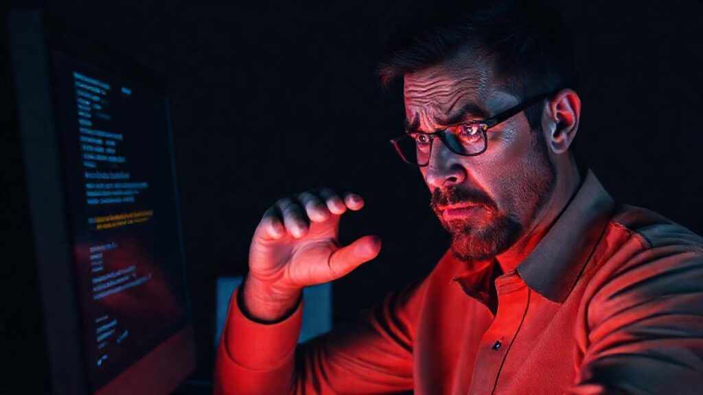 Un hombre frustrado enfrenta un error técnico