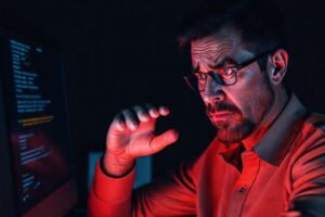 Un hombre frustrado enfrenta un error técnico