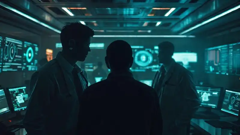 Oficina futurista: tecnología, incertidumbre y sombras