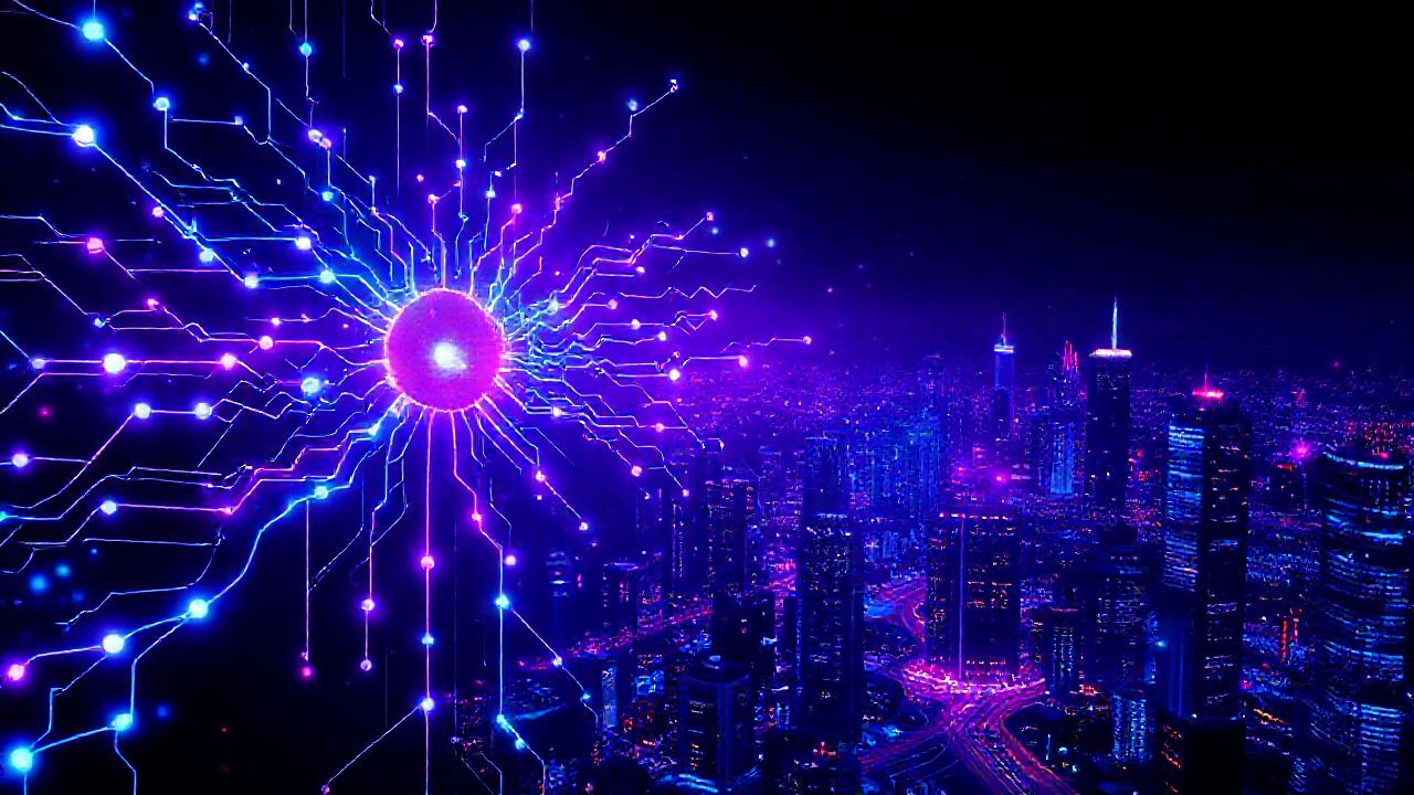 Red neuronal futurista ilumina la ciudad digital