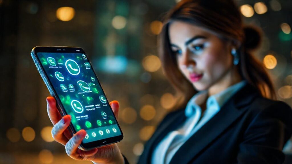 Mujer ejecutiva usa smartphone vibrante