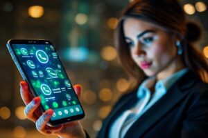 Mujer ejecutiva usa smartphone vibrante