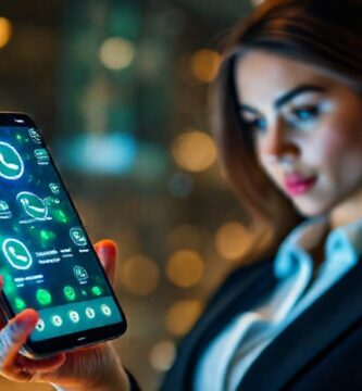 Mujer ejecutiva usa smartphone vibrante
