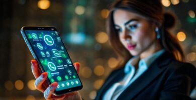 Mujer ejecutiva usa smartphone vibrante