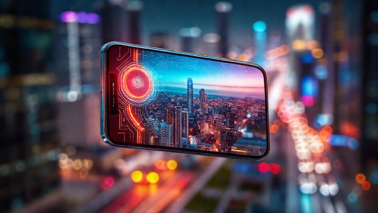 Smartphone futurista con inteligencia artificial brillante