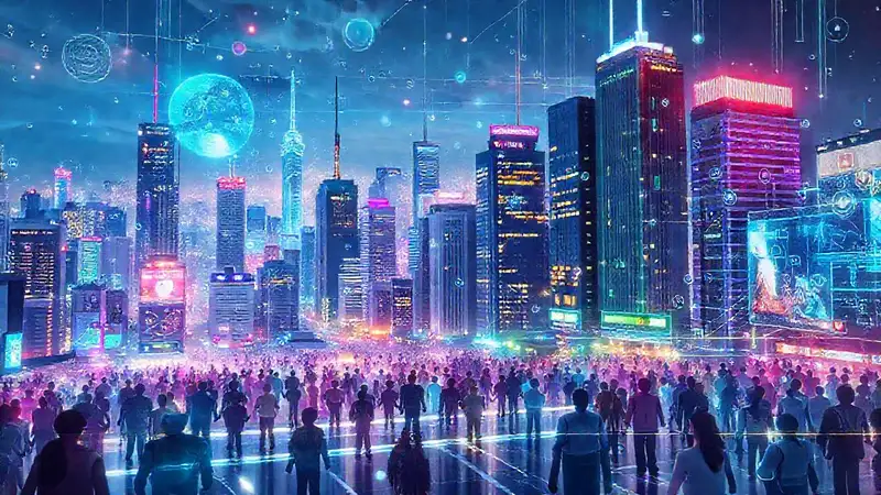 Ciudad futurista digitalmente conectada y vibrante
