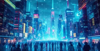 Ciudad futurista digitalmente conectada y vibrante