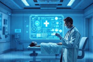 Hospital futurista con tecnología avanzada y calma