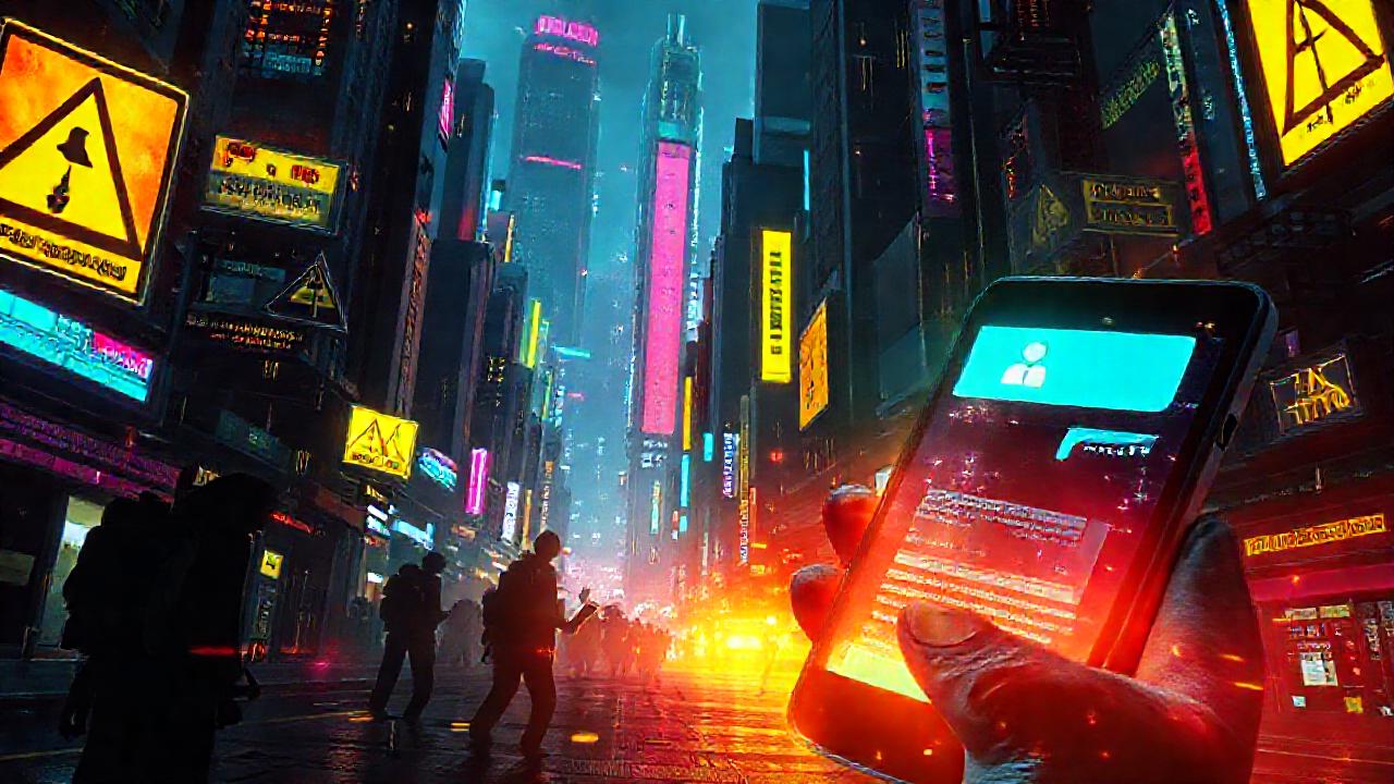 Ciudad cyberpunk digitalmente distorsionada y sombría