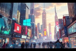 Ciudad futurista digitalmente vibrante y diversa