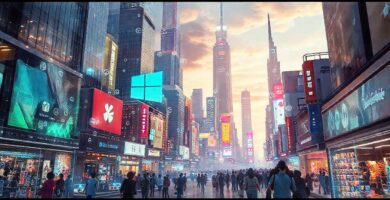 Ciudad futurista digitalmente vibrante y diversa
