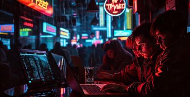 Ansiedad digital en un café cyberpunk