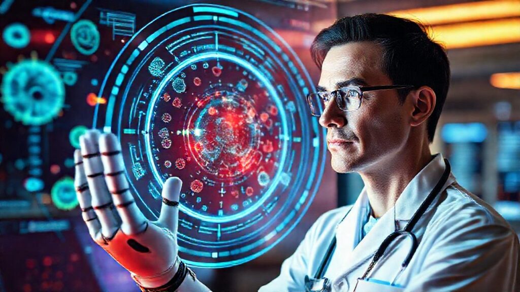 Un doctor examina células brillantes en futuro