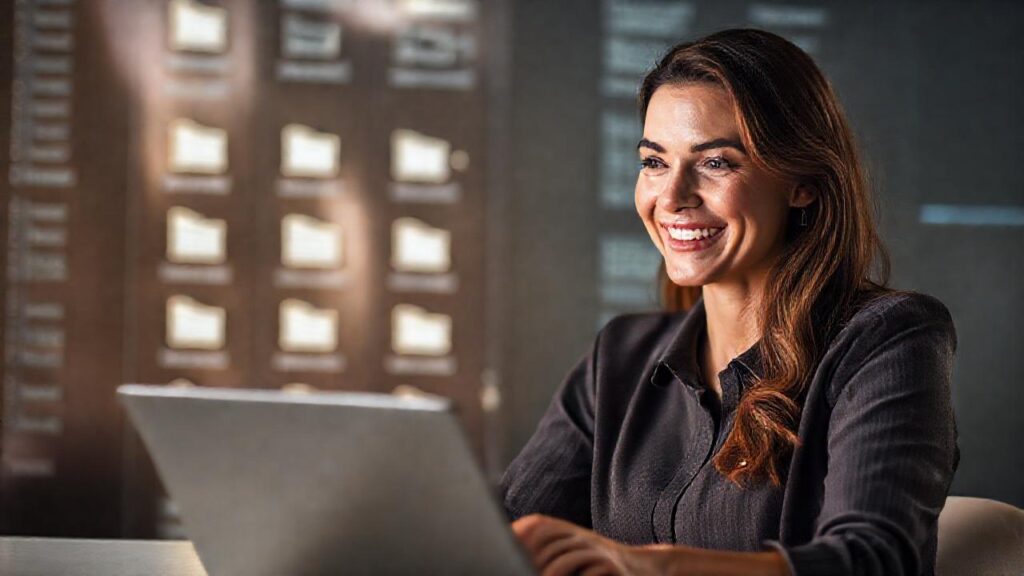 Una mujer sonríe a la tecnología segura