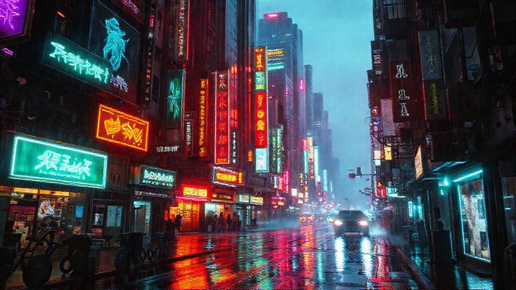 Ciudad cyberpunk futurista y lluviosa