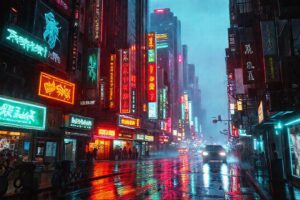Ciudad cyberpunk futurista y lluviosa
