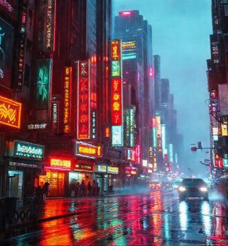 Ciudad cyberpunk futurista y lluviosa