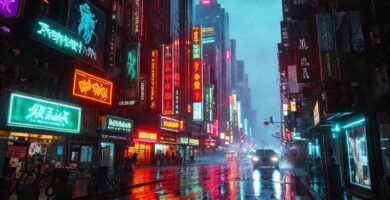 Ciudad cyberpunk futurista y lluviosa