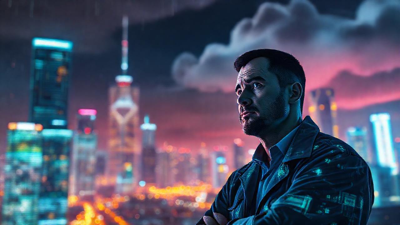 Ciudad futurista, IA inquieta y amenazante