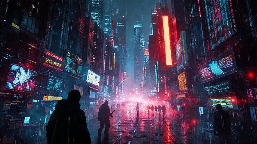 Una ciudad cyberpunk digital y oscura