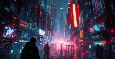 Una ciudad cyberpunk digital y oscura