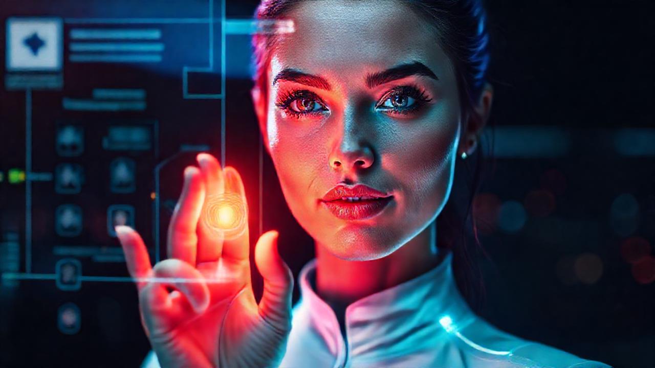 Mujer futurista: huella digital brillante y segura