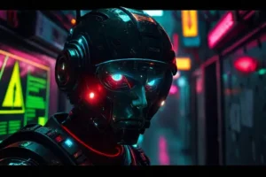 Un androide cyberpunk muestra angustia oscura