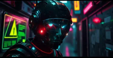 Un androide cyberpunk muestra angustia oscura