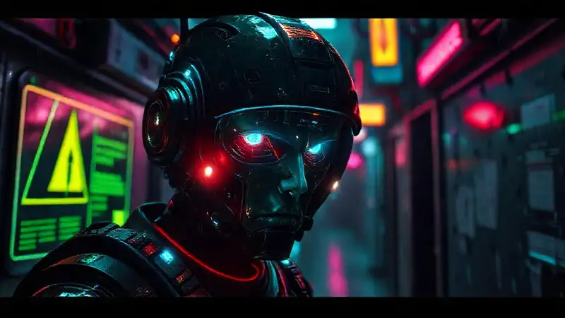 Un androide cyberpunk muestra angustia oscura