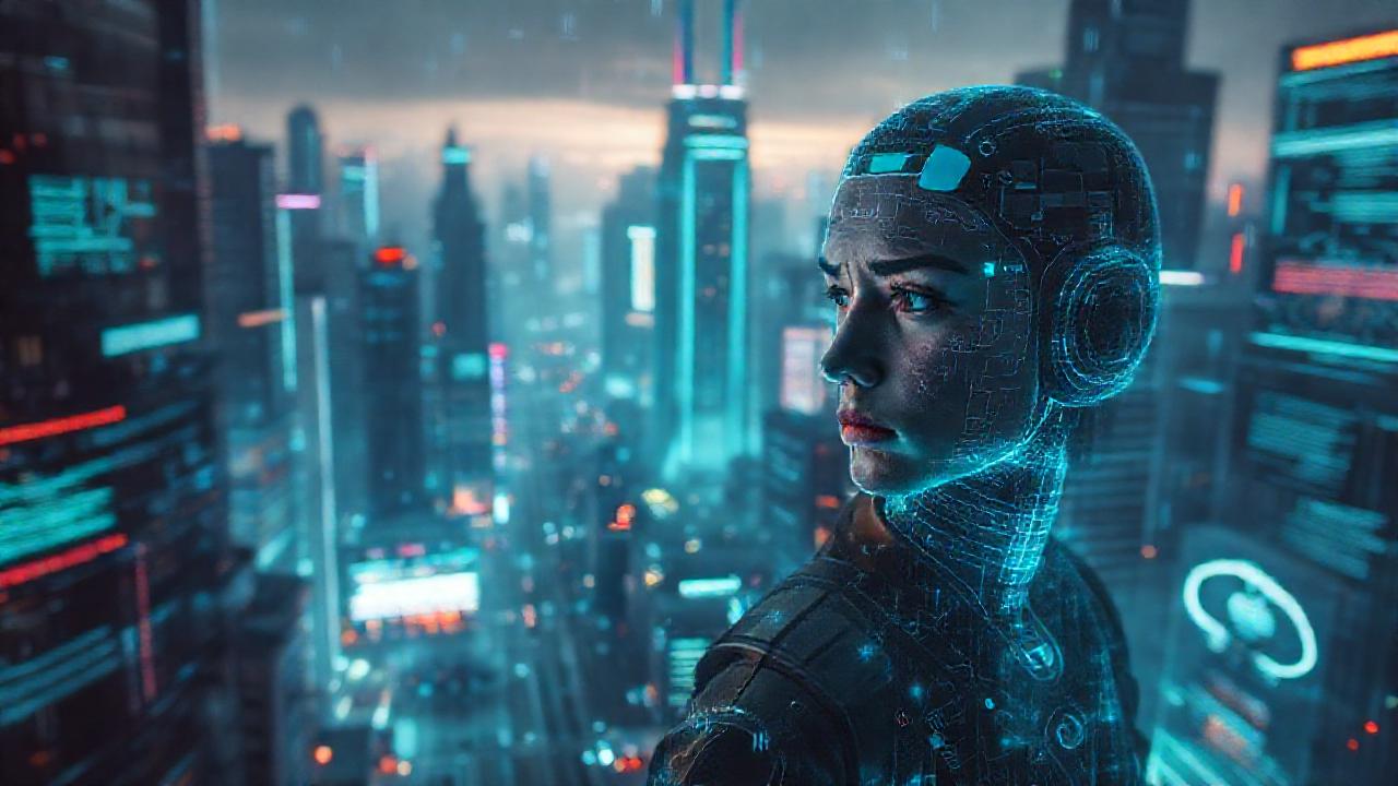 Ciudad futurista, datos digitales y preocupación