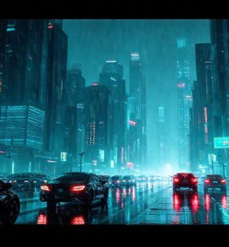 Ciudad futurista brillante con reflejos abstractos
